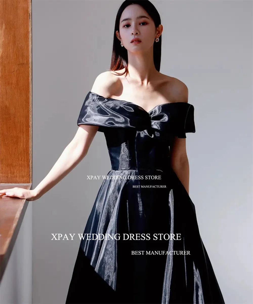 XPAY Off Shoulder Black Organza Korea Evening Dresses Shiny  Short Sleeve Draped Wedding Photo Shoot Open Back Corset Bride Gown