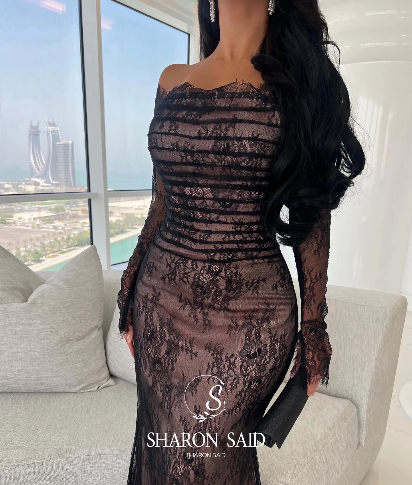 Sharon Said Custom Made Dubai Black Lace Mermaid Evening Dress Off Shoulder Arabic for Woman Wedding Party Prom Gown SF125