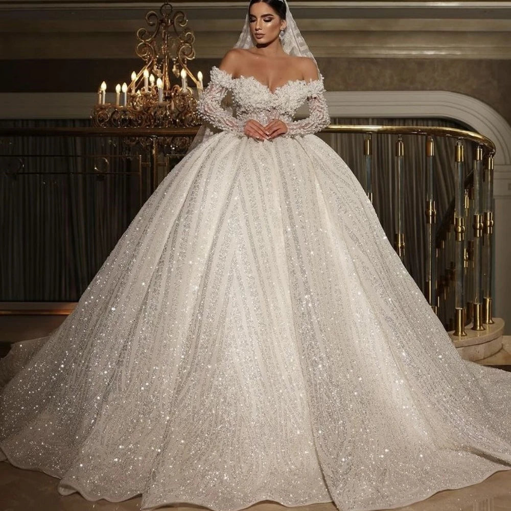 ARWEN&AJH GROUP مجموعة اروين التجاريه2024   Graceful Off The Shoulder Bridal Dress Sparkly Sequins Beads Wedding Gown 2024 Luxury Ball Gown Bride Robe