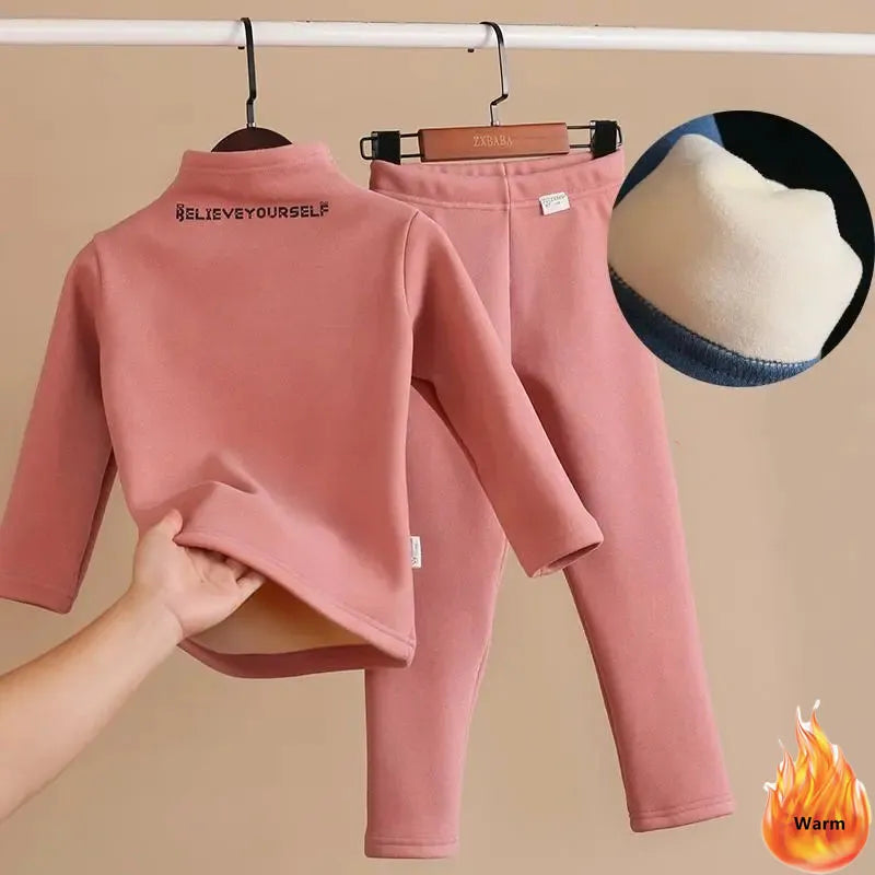 Velvet Lined Warm Underwear Kids Suit Winter Thick Half Turtleneck Long Sleeve Tops Children Outfit Plush Pant Boy/Girl