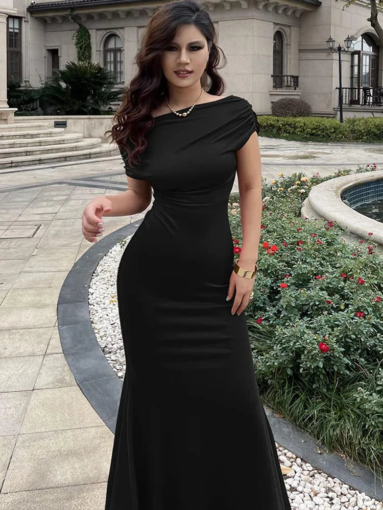 2023 Summer Dresses For Women Oblique Shoulder Pleated Evening Dress Vestidos De Mujer Elegant Maxi Robe Female