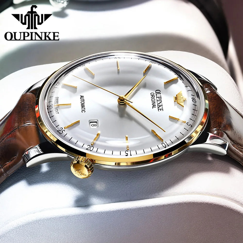 OUPINKE Men's Watches Swiss Movement Automatic Mechanical Watch True Leather Strap Ultra Thin Dial Waterproof High Quality Watch