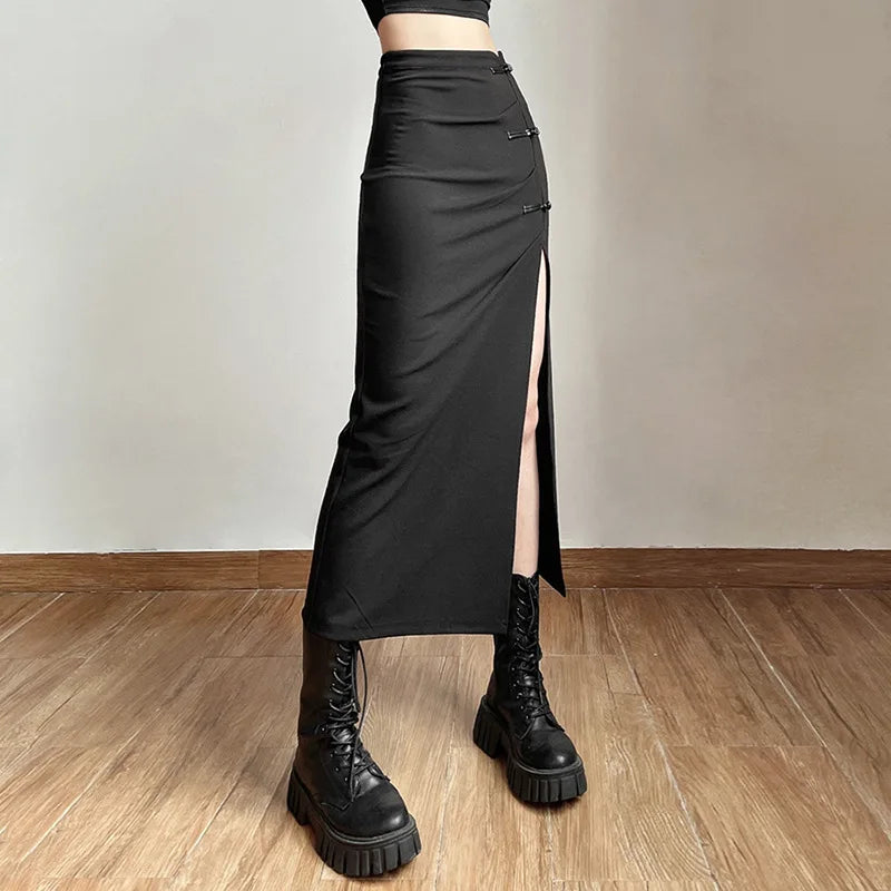 مجموعة اروين arwen&ajh group 2024  Black Skirts Sexy Women A-line Slits High Waist Slim Skirt Hip-covering Solid Mid-length Long Streetwear Street Clothes