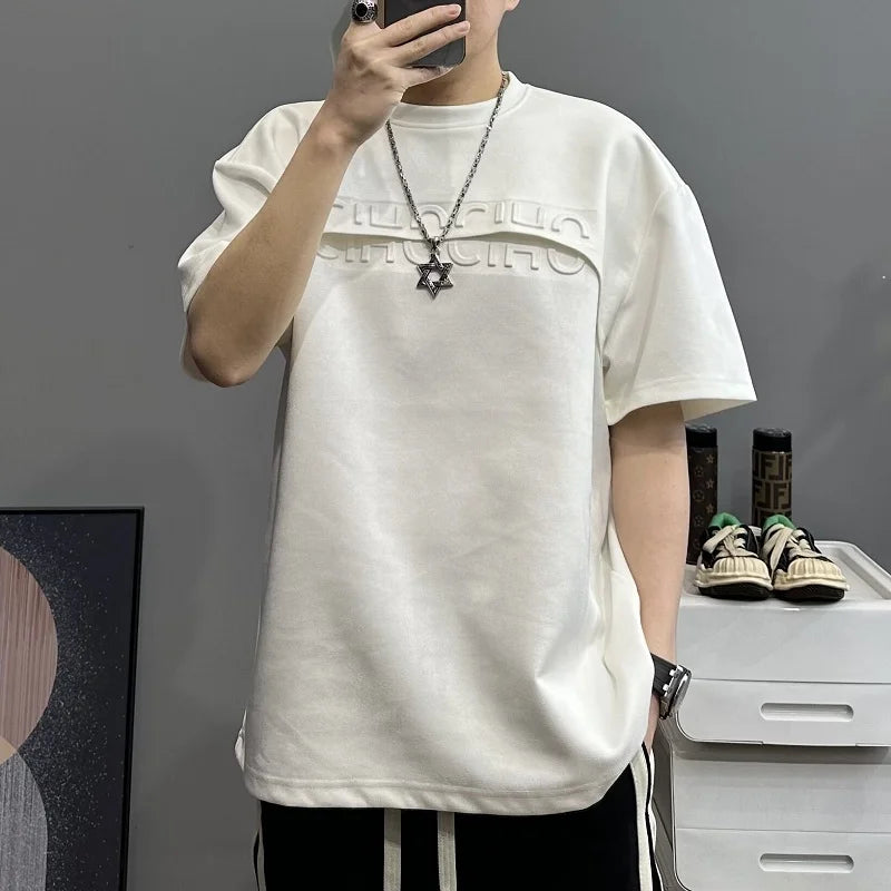 ARWEN & AJH GROUP  Fashion O-Neck Spliced All-match Solid Color Letter T-Shirts Men's Clothing 2024 Summer New Loose Korean Tops Casual Tee Shirt