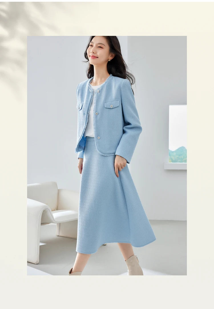 Vimly Elegant Blue Tweed Suit 2 Piece Set for Women Spring Outfits Cropped Jackets Elastic Waist Midi Skirt Matching Sets M3025