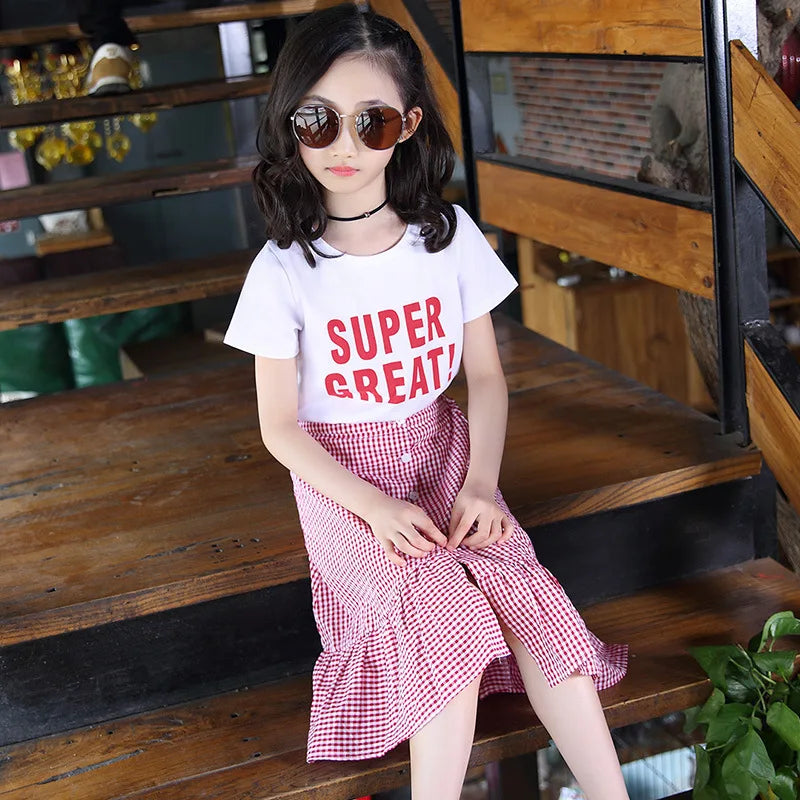 2024 new Summer Clothes Kids Girls Fashion Outfit Children Cotton Letter T shirt + Split Plaid Skirts 5 6 7 8 9 10 11 12 13 year