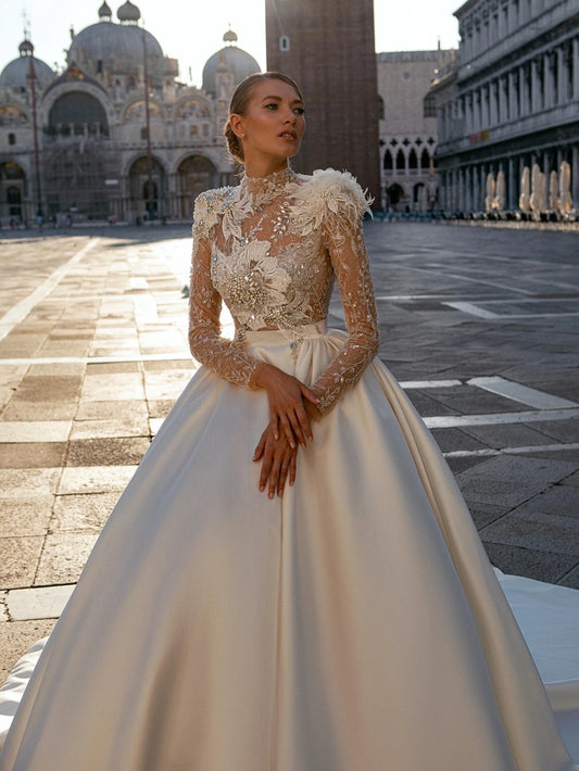 مجموعة اروين arwen & AJH GROUP  Modest High Collar Wedding Dress Sparkly Sequins Beads Bride Robe 2024 Elegant A-line Appiliques Long Bridal Gown Robe