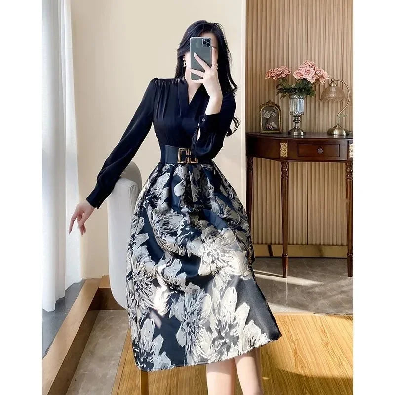 ARWEN & AJH GROUP Women's Printed Dress Autumn Winter 2024 New Luxury Celebrity Temperament French Fake Two Piece Long Sleeve Dress Female