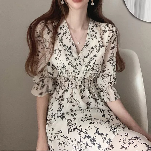 ARWEN & AJH GROUP Vintage Korea Fashion Clothing Summer Slim Elastic Waist A Line V Neck Elegant Office Lady Floral Chic Chiffon Long Dress Retro