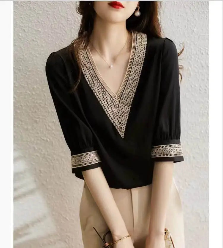 new summer 2022 black Chiffon Shirt V-neck short-sleeve embroidered silk shirt for women