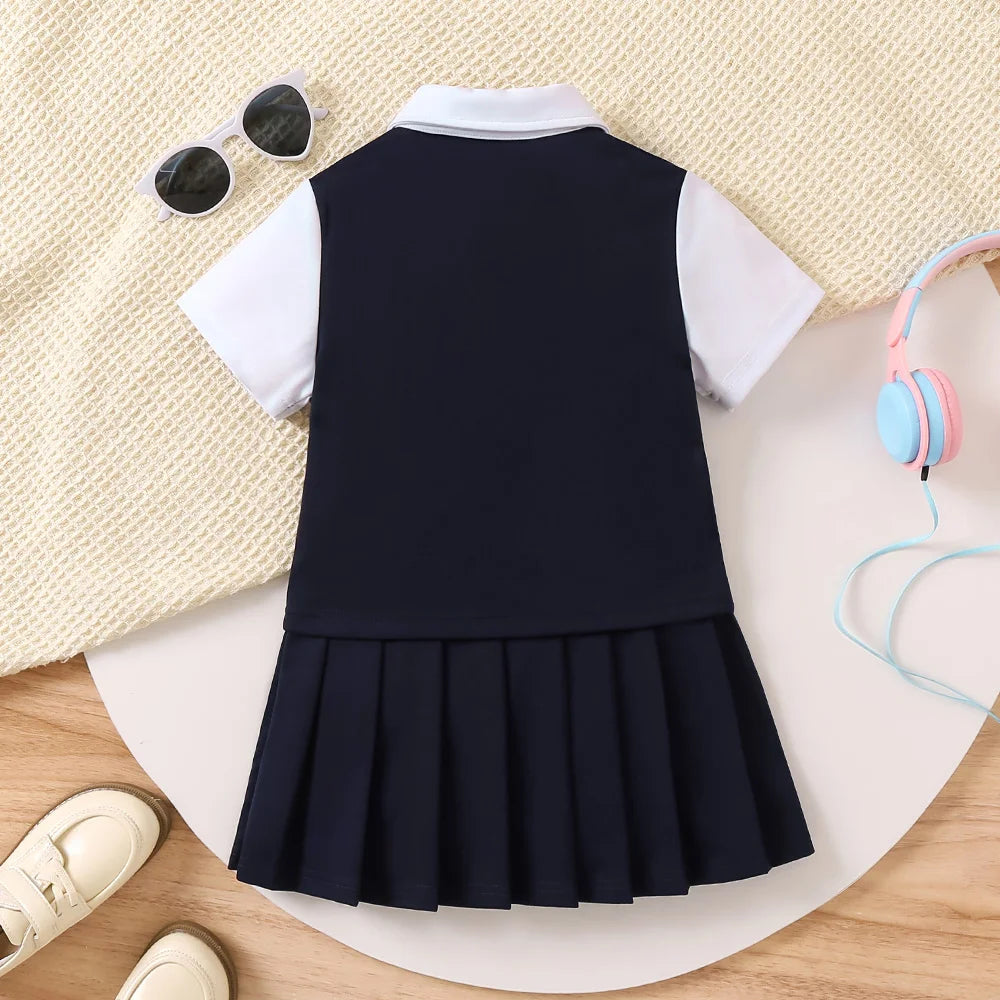 One-Piece Young Girls Short Sleeves Pleated Dress Juniors Primary Girls Pinafore School Uniform 3-7Y