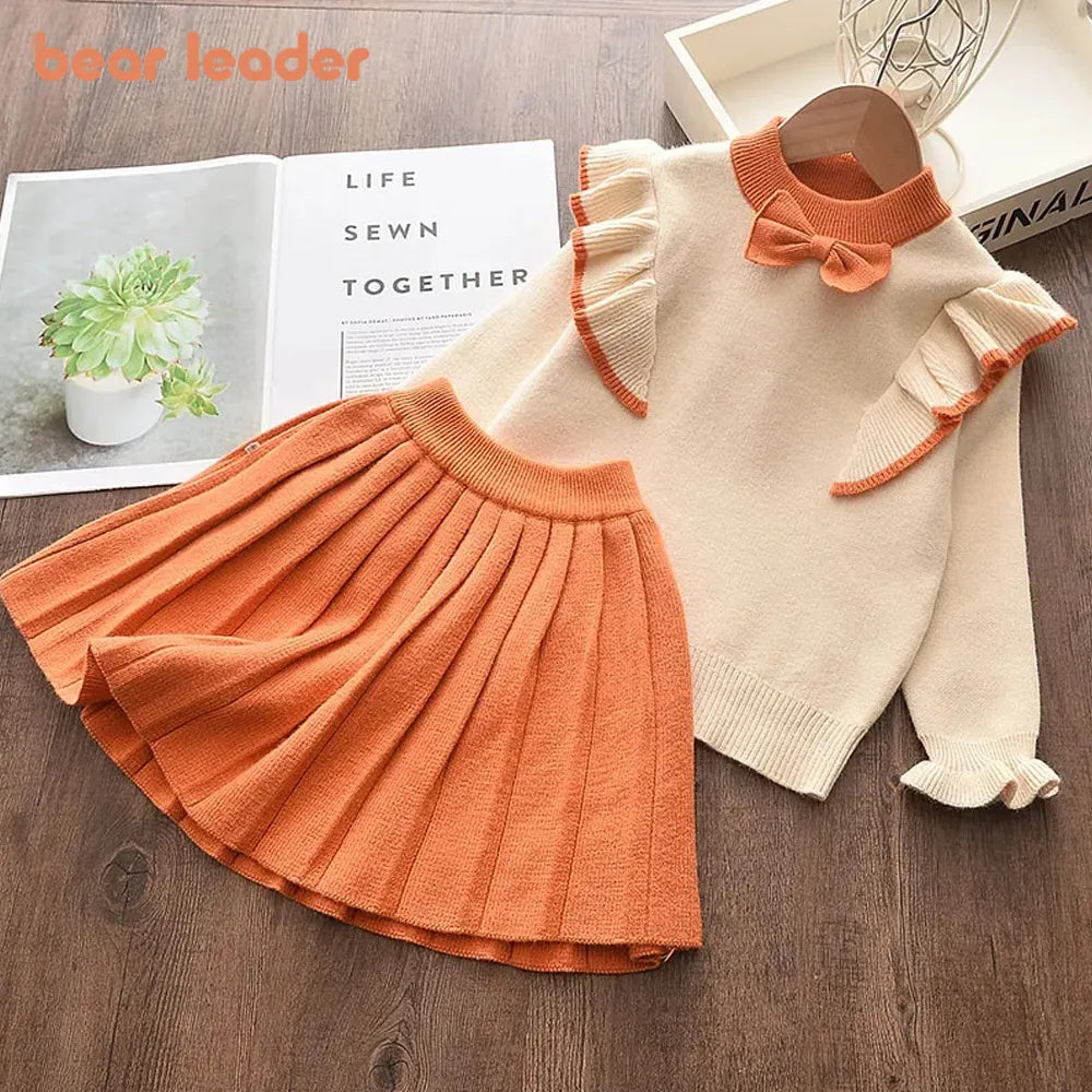 Casual Girls Dress Knitting Kids Suit Winter Long Sleeves Princess Top and Skirt 2pcs Outfits Sweater Kids Clothes