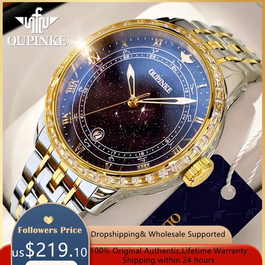 OUPINKE Original Automatic Mechanical Watch for Men Star Diamond Design Luminous Waterproof Mens Wristwatch Luxury Montre Homme