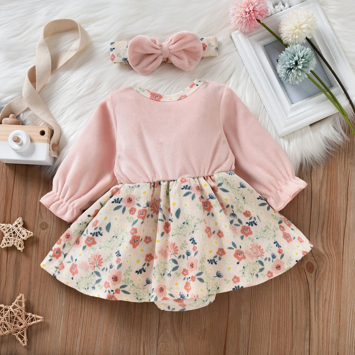 Newborn Baby Girl Casual Romper Outfits, Long Sleeve Floral Printed Patchwork Dress Style Playsuit + Bow-Knot Decor Headband Set