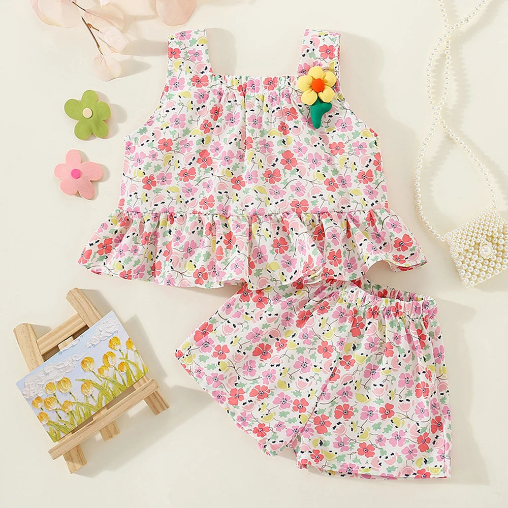 Baby Girl Clothes Set Full Flower Print Sweet Child Loungewear Toddler Girl Outfit Strap Vest+Short Pant 2Pcs Girl Suit A1207