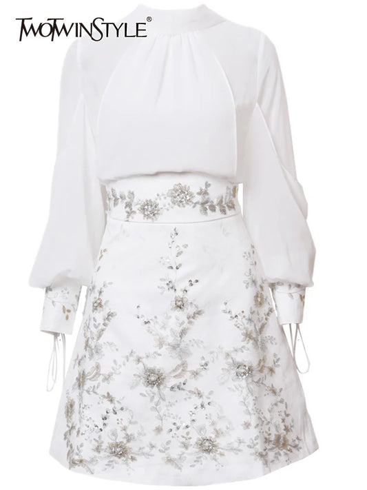 ARWEN & AJH GROUP مجموعة اروين 2024Embroidery Two Piece Sets For Women Stand Collar Lantern Sleeve Shirt High Waist A Line Skirt Vintage Set Female