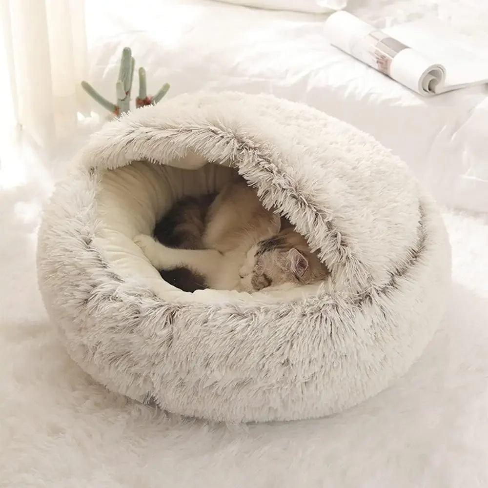 Cozy Round Pet Bed with Detachable Cover Dual-Purpose Warm Sleeping Nest and Cave for Small Dogs and Cats