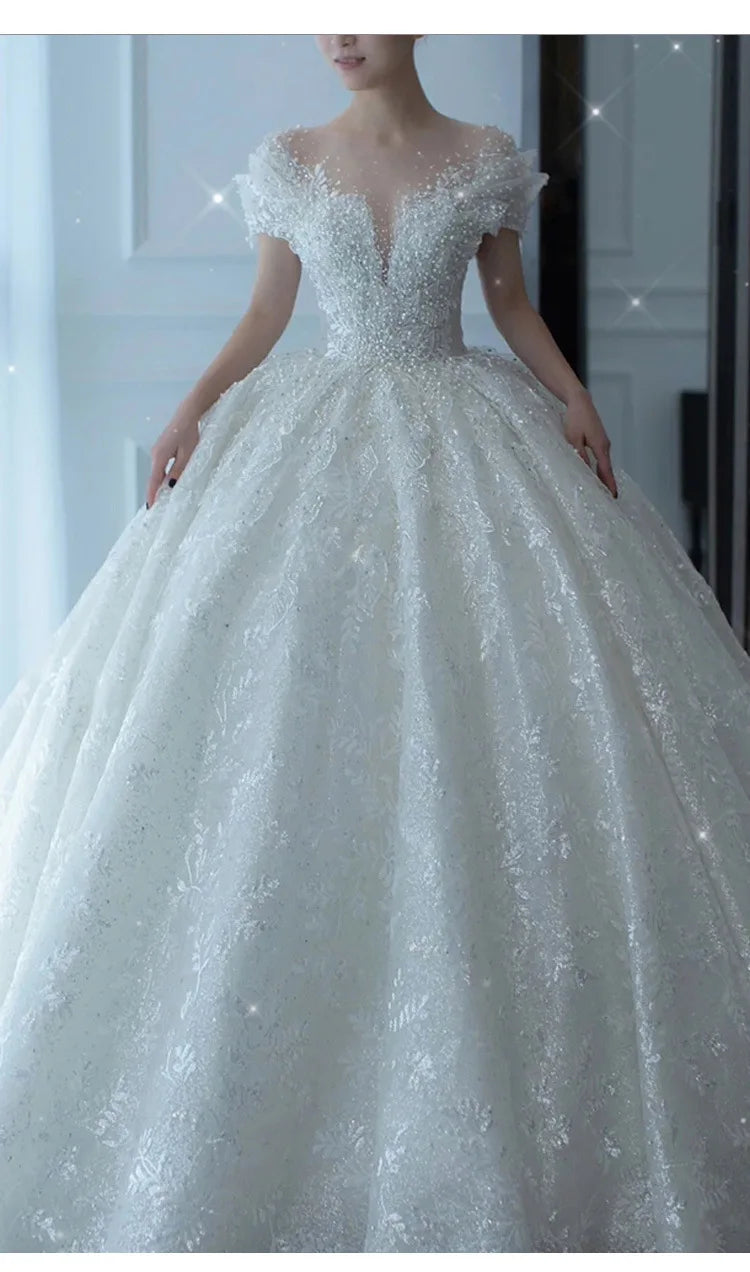 2024 Princess Sexy Luxury Crystal Beaded Wedding Dress Puff Tulle White Wedding Gown Simple Bride Dress Women