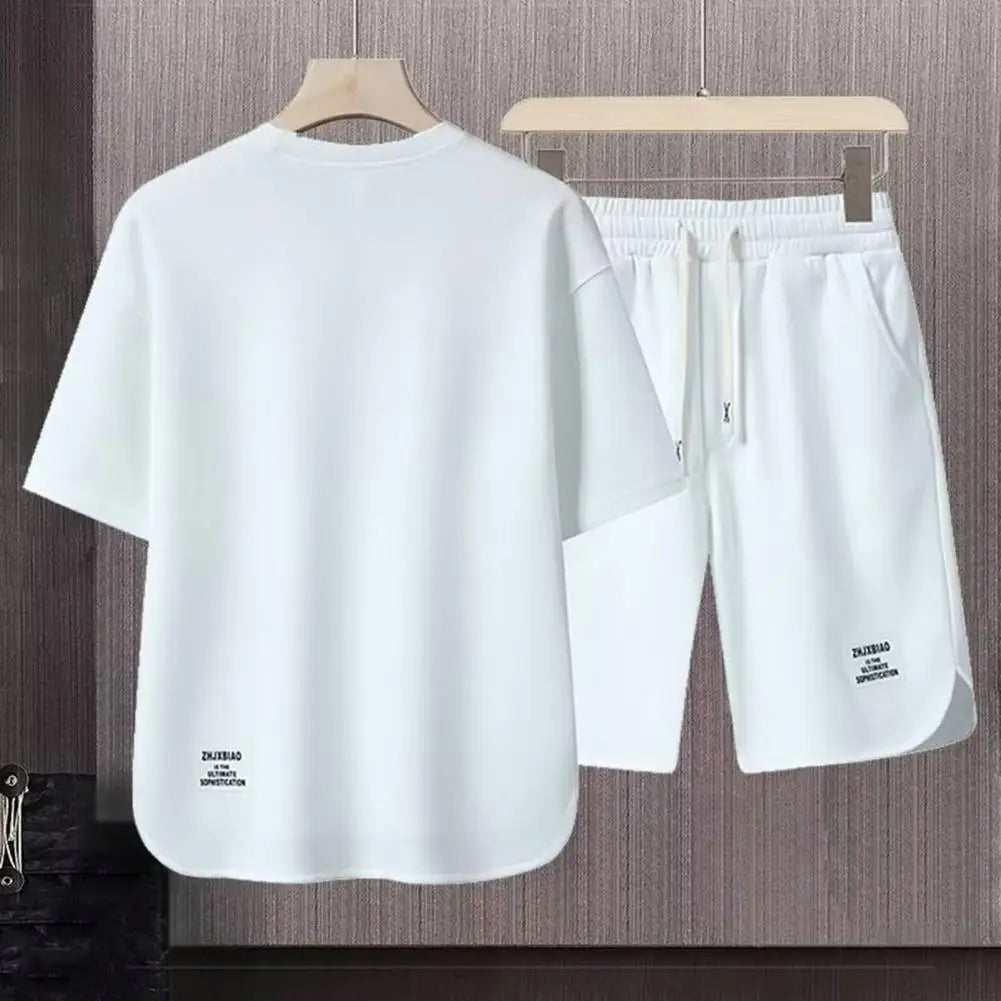 2Pcs/Set Men Summer Casual Outfit Short Sleeve T-shirt Elastic Drawstring Waist Wide Leg Shorts Set Activewear Set 남자 운동복 세트