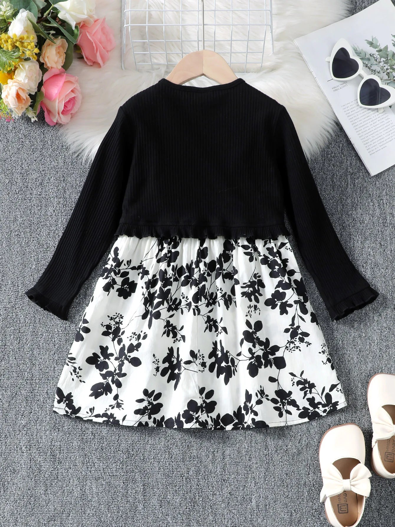 2-7Years Kid Girl 2PCS Clothing Set Black Knitted Overcoat+Floral Print Sleeveless Dress Fashion Personal Style Daily Party Wear