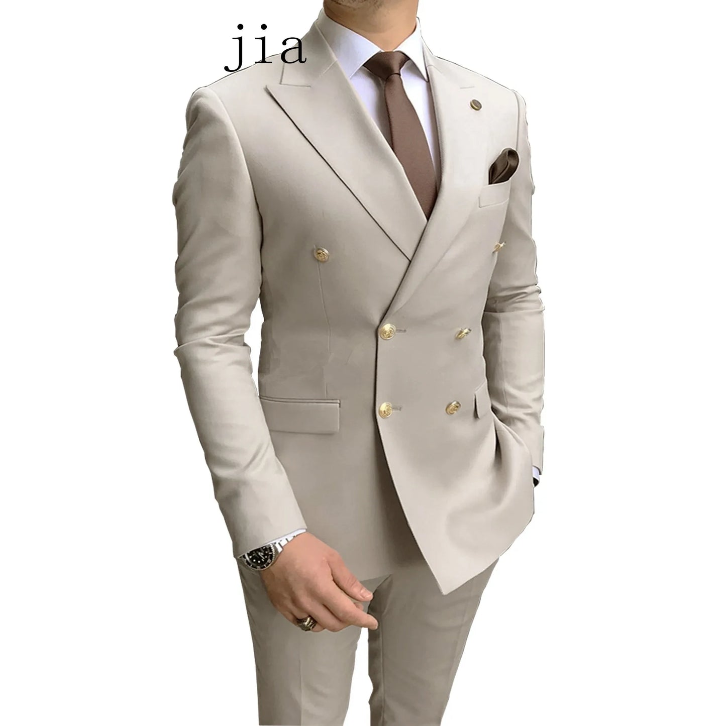 مجموعة اروين ARWEN GROUP AJH 2024  2024 Fashion New Men's Business Double Breasted Solid Color Suit Coat / Male Slim Wedding 2 Pieces Blazers Jacket Pants Trousers