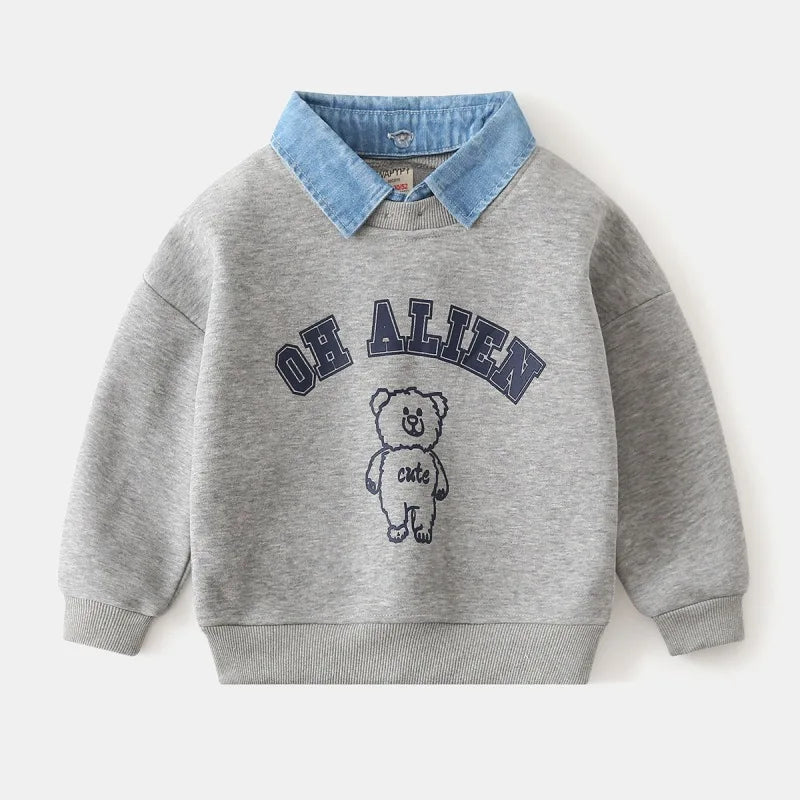 Autumn Children Boys Fake Two Piece Sweatshirt Cotton Bear Printed Baby Boy Pullovers Detachable Collar Long Sleeve Kid Boy Tops