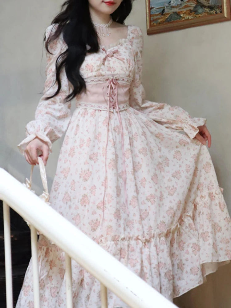 ARWEN & AJH GROUP 2024 Spring Pink Floral Elegant Dress Women Bandage Lace Print Sweet Vintage Dress Puff Sleeve Dress Women Princess Fairy