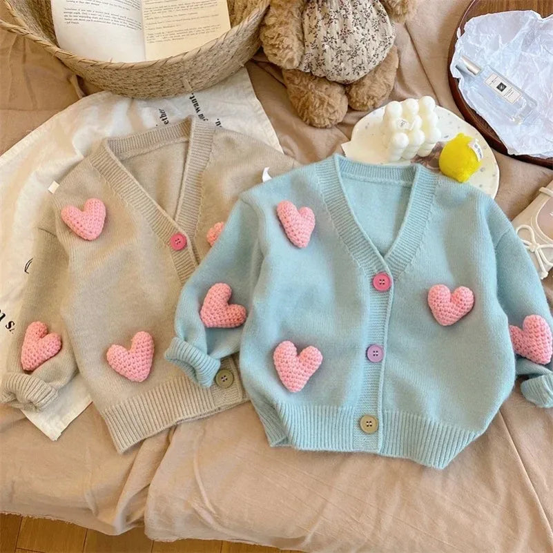 2024 Korean Kids Clothing  Sweaters Autumn Tutu Coat Three-Dimensional Love Knitted Cardigan Girls Jacket Baby Girl Clothes 2-8Y