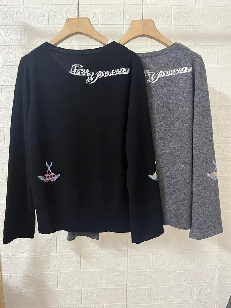 2 Colors Women Round Neck Sweater 100% Cashmere Long Sleeve Letter Printed Female Loose Pullover New 2024 Autumn Winter