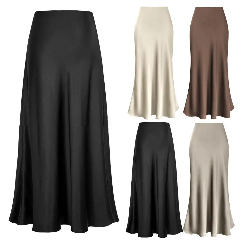 مجموعة أروين التجارية ARWEN & AJH GROUP Fishtail Maxi Skirt Elegant Faux Silk Satin Skirts for Women High Waist A-line Office Lady Skirt Solid Color Glossy Finish