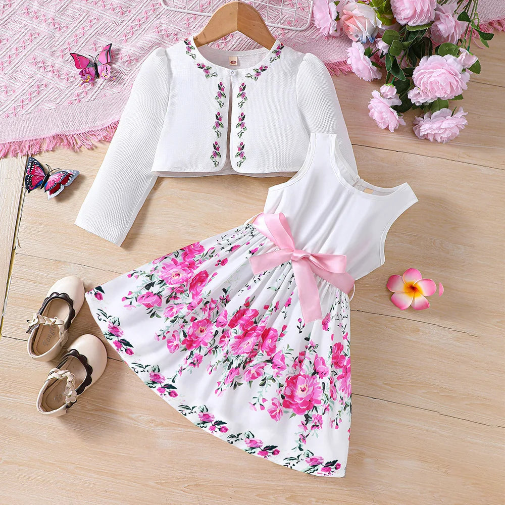 Girls Adorable Long Sleeve Clothes Cardigan & Floral Sundress Set - Soft & Stylish Two-piece Outfit for Daily Summer Adventures