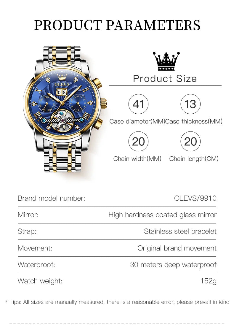 OLEVS 9910 Automatic Mechanical Watch for Men Luxury Skeleton Men's Wristwatches Stainless Steel Waterproof Original Man Watch