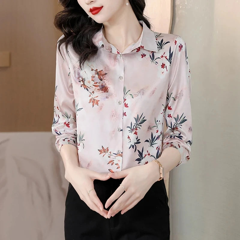 ARWEN & AJH GROUP Chic Printed Casual Office Shirts For Women Long Sleeve Silk Satin Fashion Women Blouses 2024 Elegant Female Tops  ARWEN & AJH GROUP