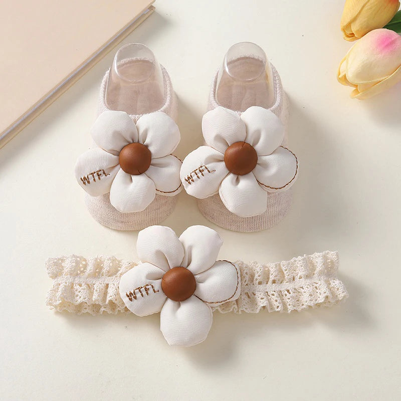 2 Pcs/Set Baby Girls Headband Socks Set Newborn Girls Cute Flowers Toddler Princess Sock Autumn Infant Hair Accessories