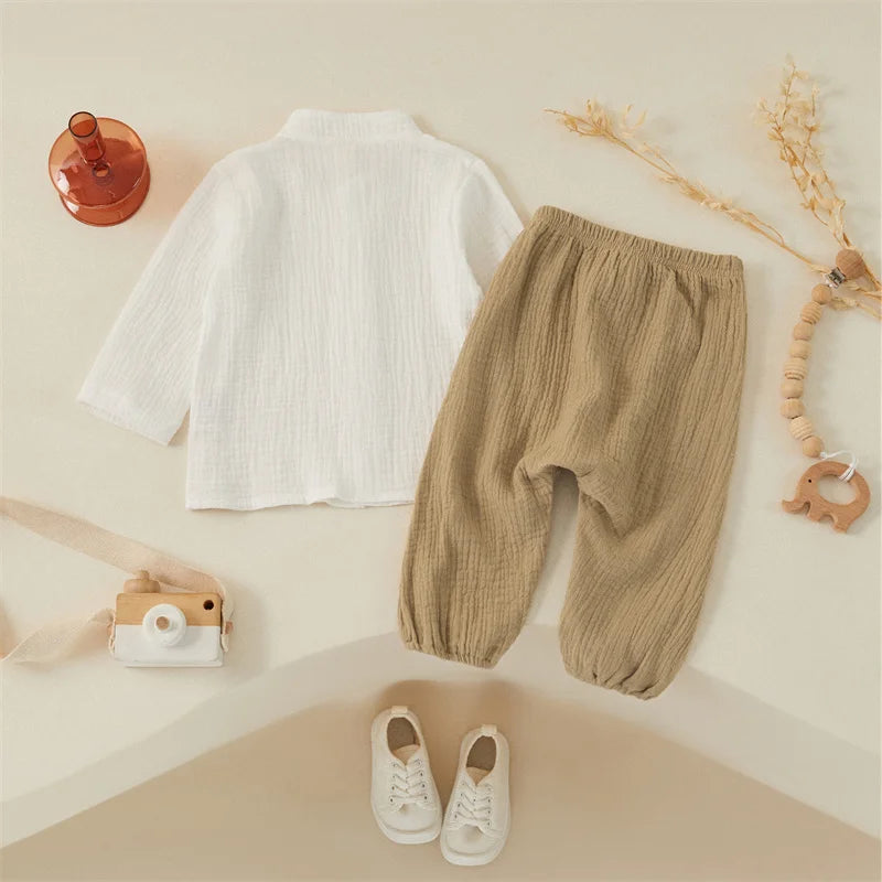 Tregren Kids Boy Cotton Linen Clothes Solid Color Buttons Long Sleeve Shirt Tops Elastic Waist Long Pants 2Pcs Set Fall Outfits