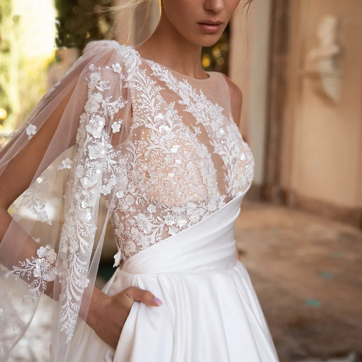 Bohemia  A-line Lace  Backless Wedding Dress With Pocket Strap Ribbon Appliques One Shoulder Bridal Gown O-neck