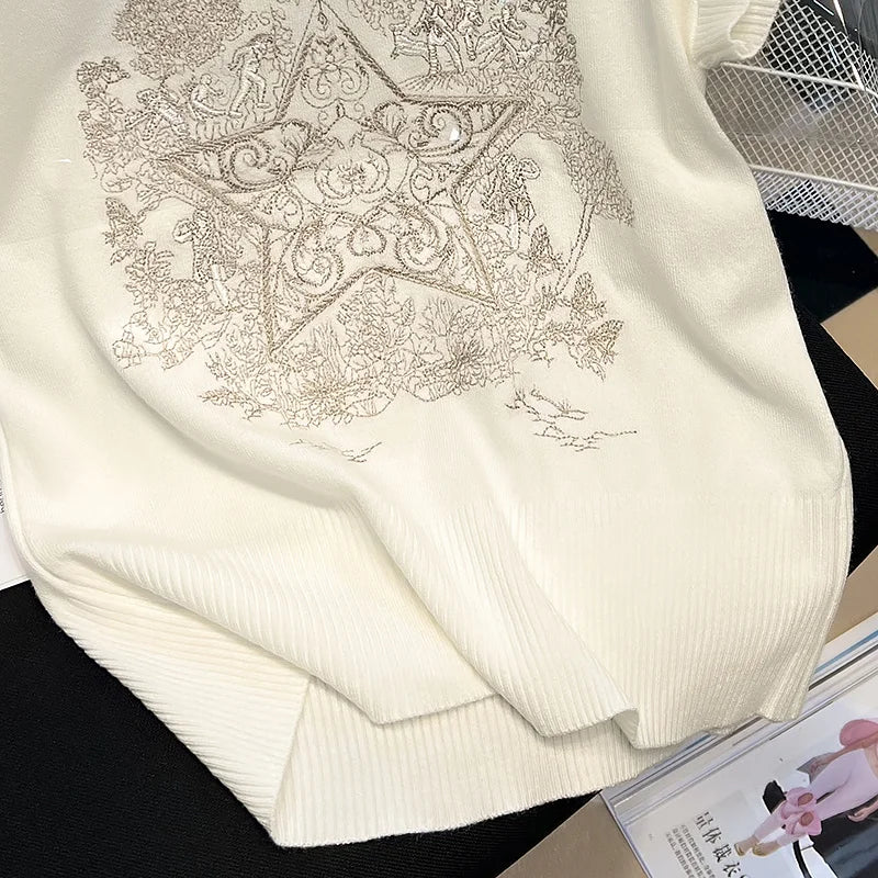 2024 Summer Embroidery Korean Fashion Knit Sweater Vest Women Vintage Sleeveless Round Neck Pullover Top Ladies Women's Sweaters