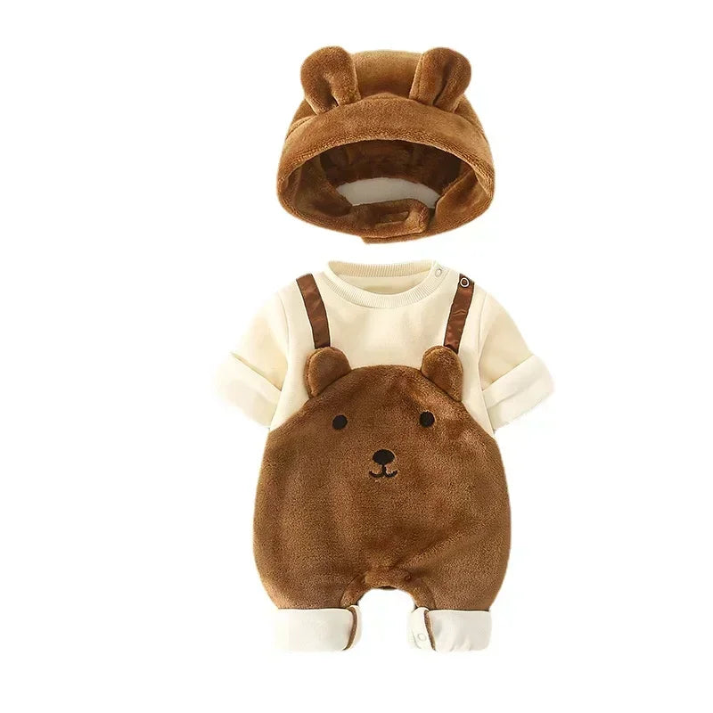 Winter Newborn Baby Clothes Plush Warm Strap jumpsuits Cute Bear Baby Girls Boys Romper Korean Style Long-sleeved Toddler Sets