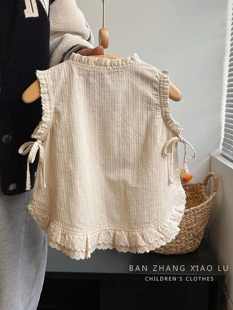 Girls Suit Embroidered Lace Vest Shirt Korean Style Sleeveless Thin Top+loose Trousers Outer Wear Casual 2-piece Set Loungewear