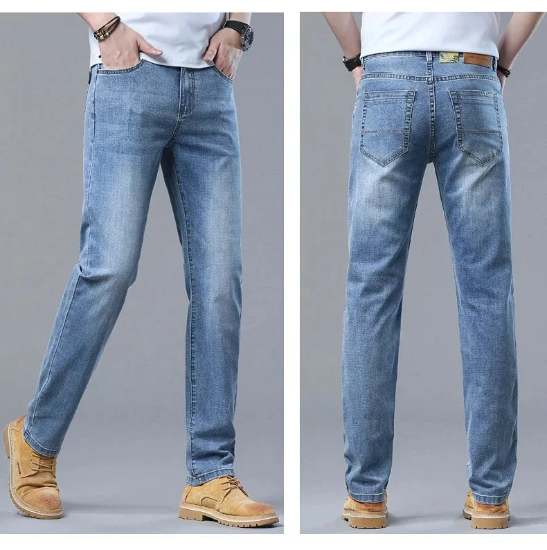 New in Men's Straight Jeans Summer Thin Casual Stretch Fashion Business Casual Denim Pants Straight Classic Male Trousers