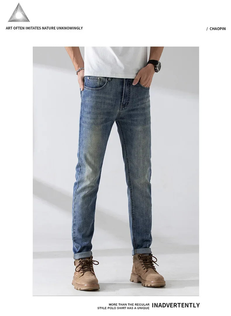 Spring Summer New High End Jeans Men's Elastic Slims Smooths Your Silhouette Casual Fashionable Trendy Denim Trousers