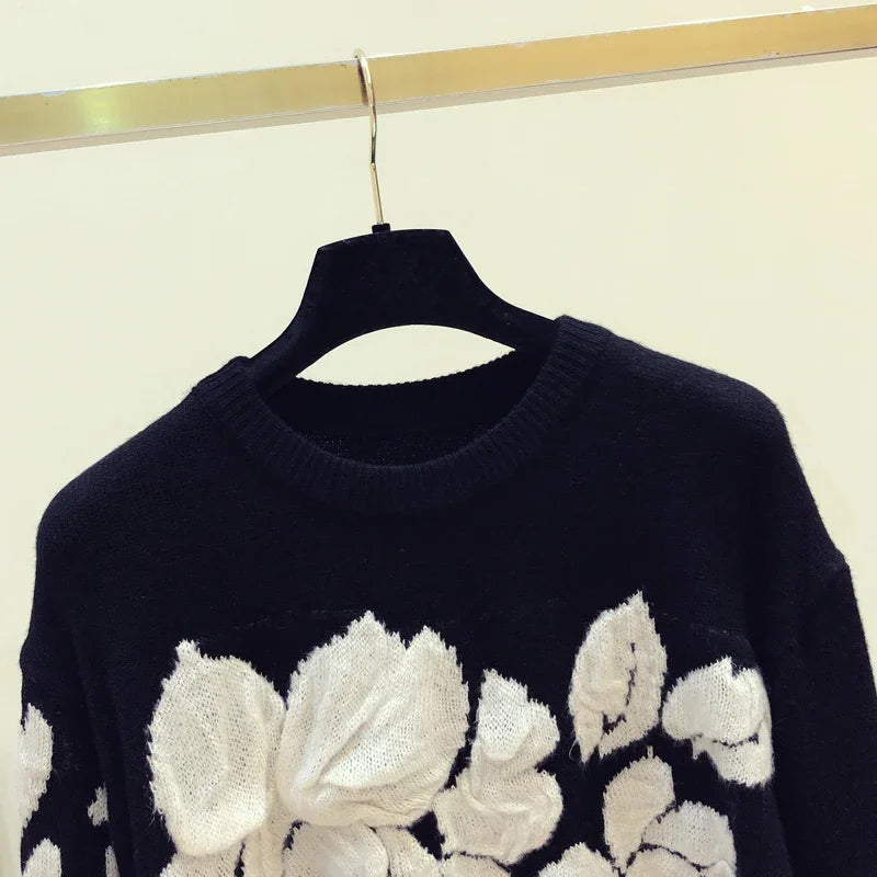 2024 Spring Embroidery Floral O-neck Sweater Pullovers Women Modis Vintage Long Sleeve Knitted Pullover Loose Black Tops