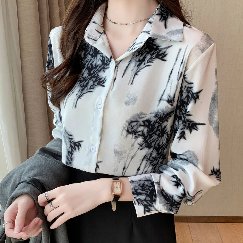 Women Spring Korean Elegant Loose Printing Polo-Neck Long Sleeve Shirts Women Clothes Casual All-match Temperament Trend Tops