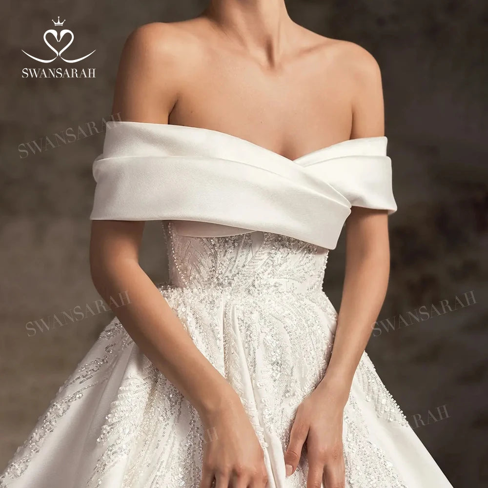 Off Shoulder Wedding Dress 2024 Satin Beading A-Line Court Train Princess Bride Gown   W230 Plus Size