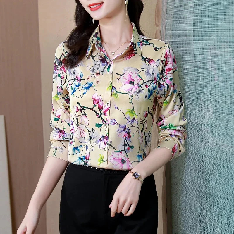 ARWEN & AJH GROUP Chic Printed Casual Office Shirts For Women Long Sleeve Silk Satin Fashion Women Blouses 2024 Elegant Female Tops  ARWEN & AJH GROUP