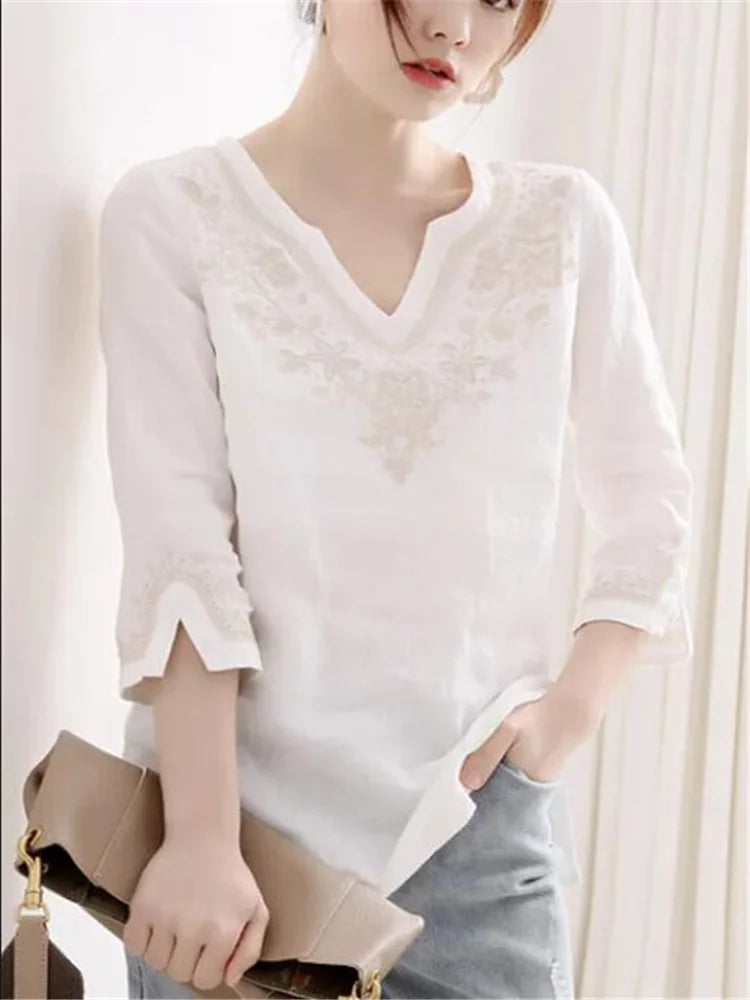 Cotton Shirt For Women Pullover 3/4 Sleeve Split Top Summer Clothes V-Neck Embroidery Loose Female Blouses White Casual Shirt