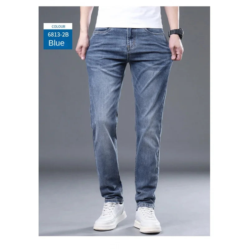 2024 summer new thin section jeans men's elastic Slim straight loose casual versatile pants men's blue light business pants