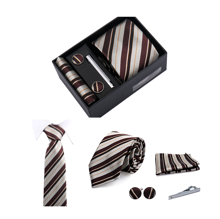 Fashion Elegant Men's Necktie Gift Box Striped Tie Handchief Cufflink Tie Clip 4 pcs Set Wedding Business Party Suit Accessories