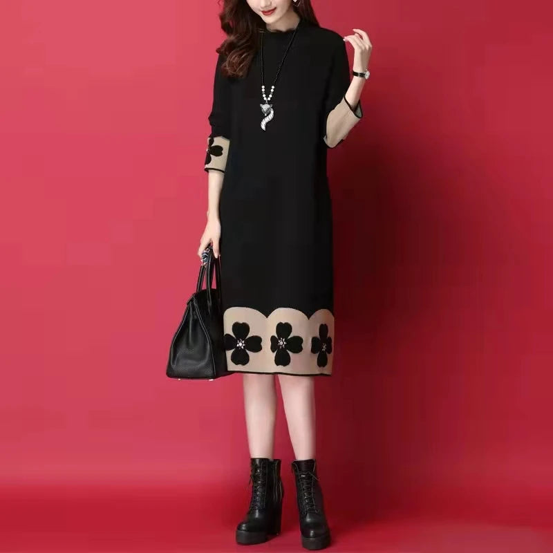 Female Black Knitted Cotton Floral Midi Sweater Dress Autumn Winter Long Sleeve Thick Warm Dress 2024 Korean Vintage Party Dress