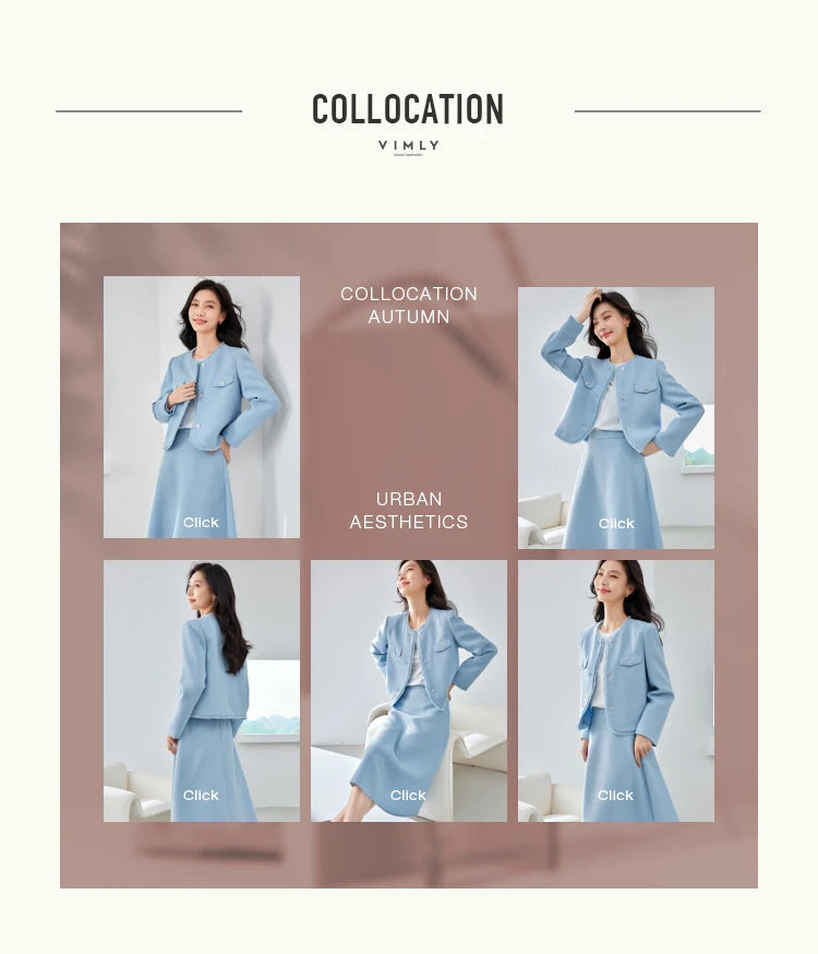 Vimly Elegant Blue Tweed Suit 2 Piece Set for Women Spring Outfits Cropped Jackets Elastic Waist Midi Skirt Matching Sets M3025